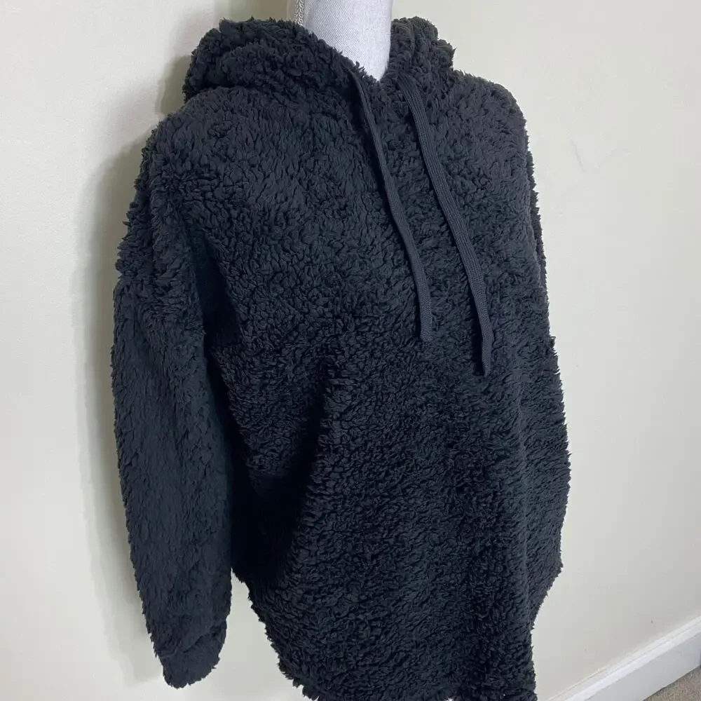 Active USA Fur Faux Hooded Jacket Womens Cozy Soft Sweater Black Large‎